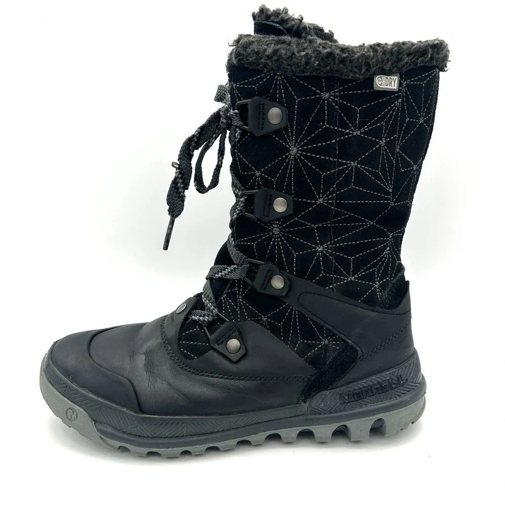 Merrell Women's Winter Boots 7 Black Waterproof Faux Fur Lined LaceUp Mid Calf